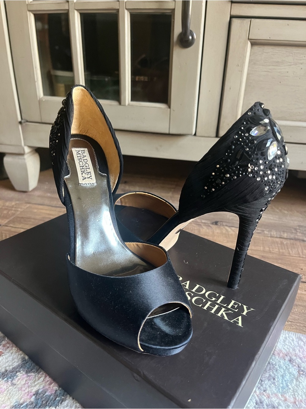 Badgley Mischka Black Satin D'Orsay Peep-Toe Heels with Embellishments